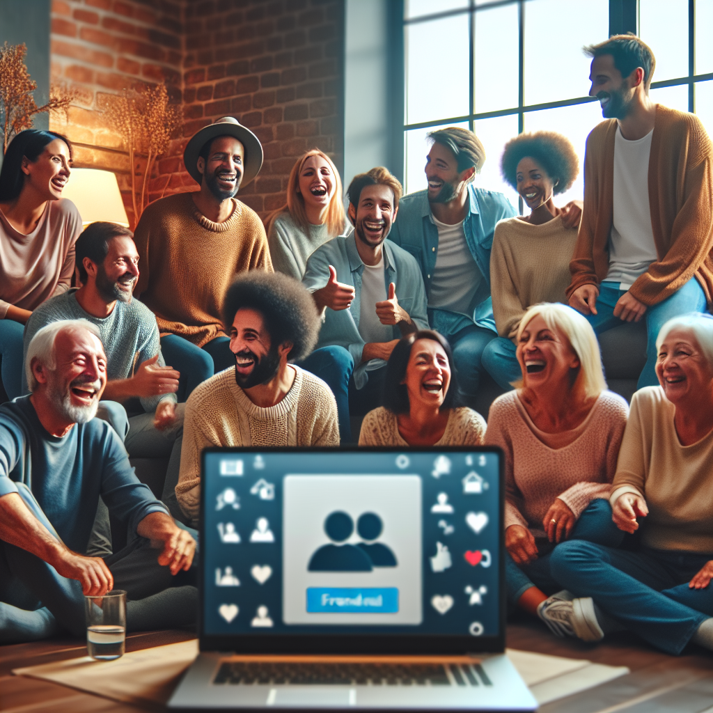 "Happy family using Facebook to connect and share moments, representing the concept of adopting a new family online to combat loneliness."