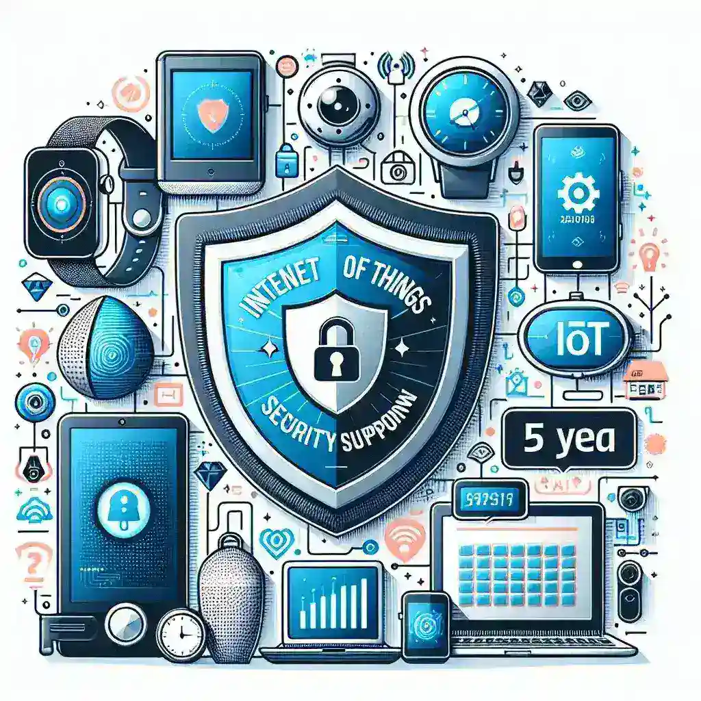 "Infographic illustrating IoT security regulations emphasizing the requirement for minimum five-year update support for connected devices, highlighting compliance standards and best practices."