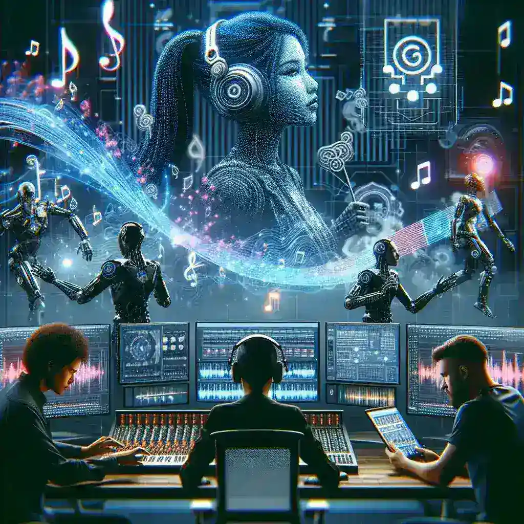 "Netflix logo displayed alongside an illustration of AI-generated music waves, representing the revolutionary integration of artificial intelligence in background music for U.S. film productions."